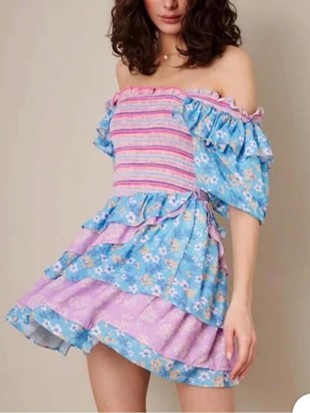 Yvonne&Love Blue & Pink Floral Smocked Mini Dress - Picture 2 of 6